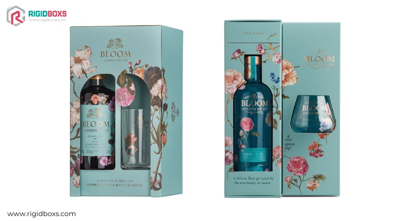 กล่องบรรจุภัณฑ์ไวน์ Bloom London Dry Gin พร้อมขวดและแก้วในดีไซน์ดอกไม้สวยงาม