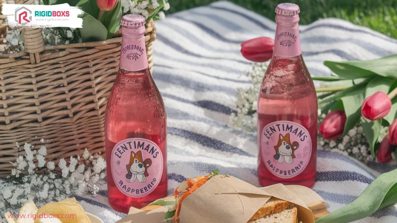 ขวดน้ำผลไม้ Fentimans Raspberry พร้อมฉากปิกนิกและดอกไม้ - ขวดเครื่องดื่มดีไซน์พรีเมียมที่แสดงถึงความสดชื่นและหรูหรา