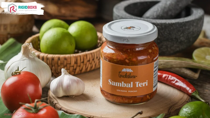 ขวดซอส Sambal Teri กับฉลากสินค้าสไตล์คลาสสิก วางบนพื้นไม้พร้อมผักและสมุนไพร เช่น กระเทียม มะนาว และพริก เพิ่มความน่าสนใจให้ผลิตภัณฑ์อาหาร