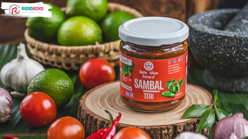 วดซอส Sambal Teri พร้อมฉลากสินค้าดีไซน์ทันสมัย วางอยู่บนแผ่นไม้ลายธรรมชาติ รายล้อมด้วยมะนาว มะเขือเทศ และพริก เพิ่มความสดใสให้กับสินค้า