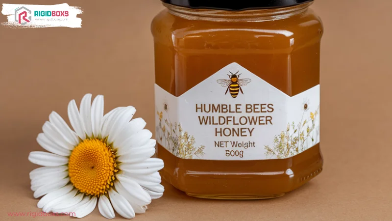 ขวดน้ำผึ้ง Humble Bees พร้อมฉลากสินค้าดีไซน์เรียบง่ายลายดอกไม้