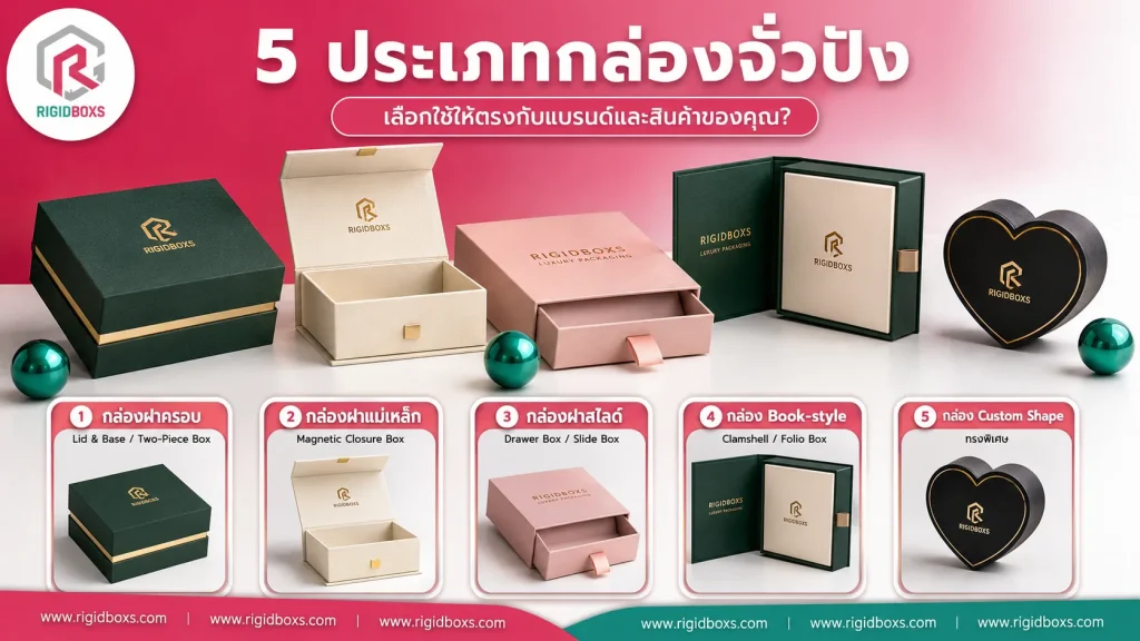 เปรียบเทียบ 5 ประเภทกล่องจั่วปัง เลือกแบบไหนให้ตรงกับแบรนด์และสินค้าของคุณ? กล่องจั่วปัง 5 ประเภท พร้อมตัวอย่างการใช้งานจริง เช่น กล่องลิ้นชัก กล่องแม่เหล็ก และกล่องฝาครอบ