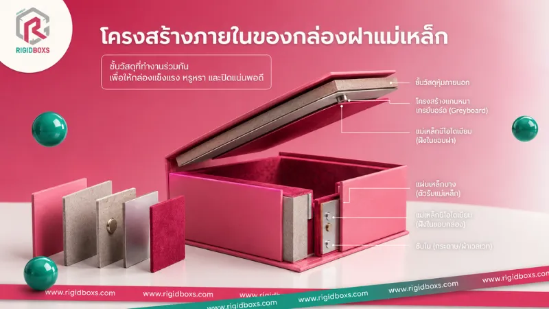 กล่องจั่วปังฝาแม่เหล็ก คืออะไร? วิธีทำงาน ข้อดี และเหตุผลที่แบรนด์ชั้นนำเลือกใช้ กล่องจั่วปังฝาแม่เหล็ก โครงสร้างภายในกล่องจั่วปังฝาแม่เหล็ก แสดงชั้นวัสดุ Greyboard และระบบแม่เหล็กสำหรับกล่องพรีเมียม