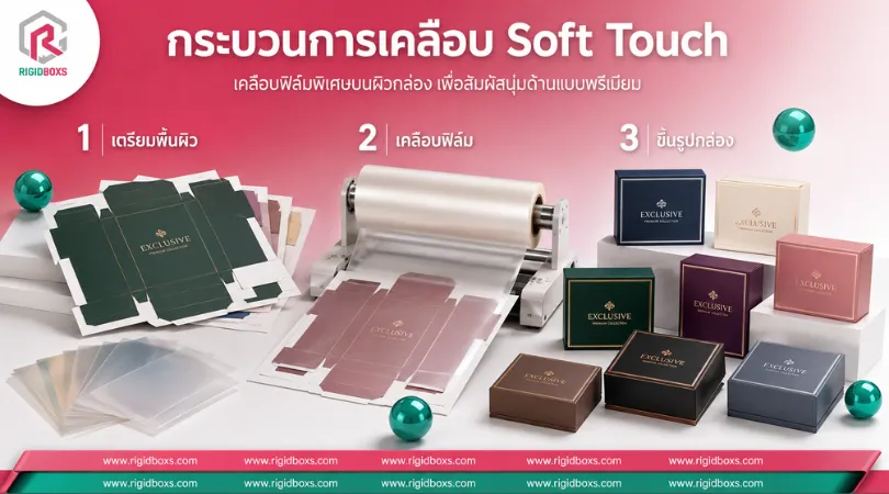 เคลือบ Soft Touch คืออะไร? เหตุผลที่แบรนด์ระดับ Luxury ไม่เคยมองข้ามเทคนิคนี้ เคลือบ Soft Touch ขั้นตอนการเคลือบ Soft Touch บนกล่อง ตั้งแต่เตรียมพื้นผิว เคลือบฟิล์ม จนถึงขึ้นรูปกล่องพรีเมียม